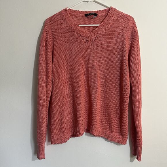 Max Mara Weekend Sweater Womens L Salmon Pink Orange Ribbed Trim V Neck Preppy - Picture 1 of 9
